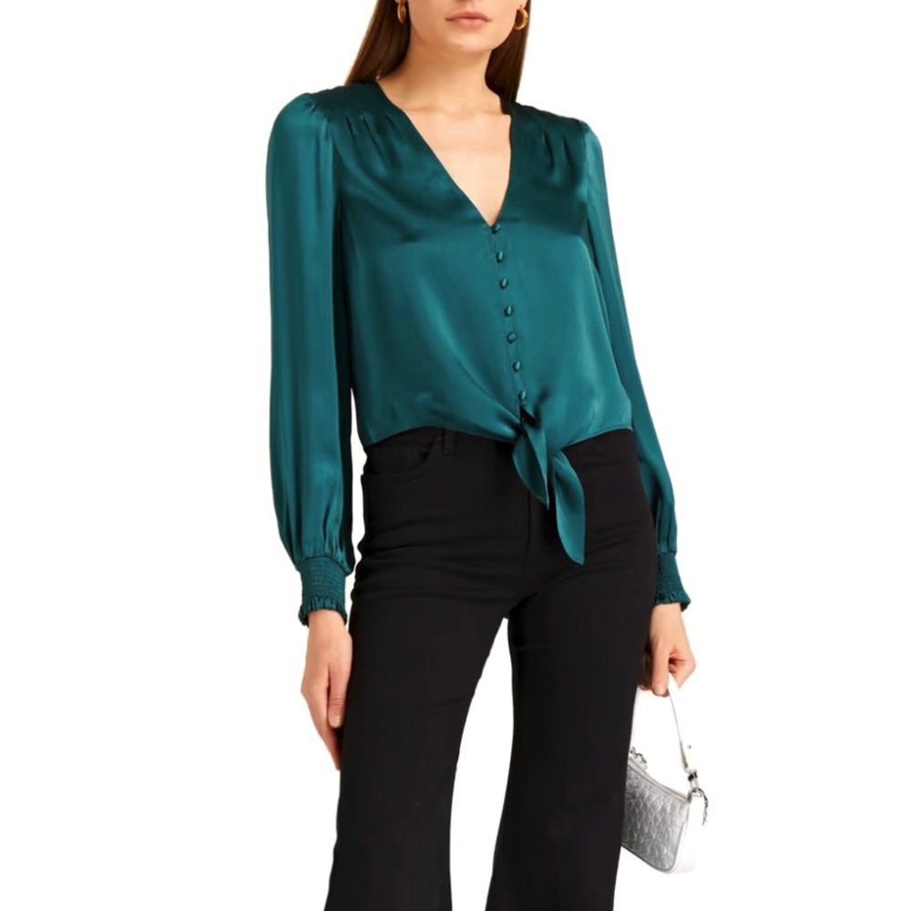 NEW CAMI NYC GREEN SILK TIE-FRONT BLOUSE